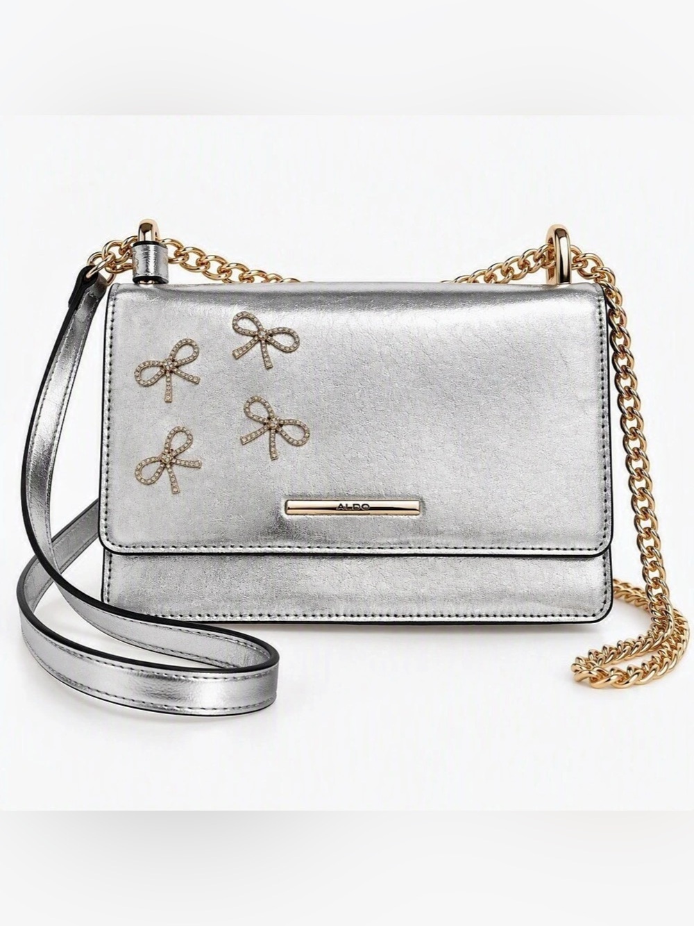 Aldo Silver Metallic Bow Rhinestone Crossbody Bag Gold Chain Evening Purse NWT